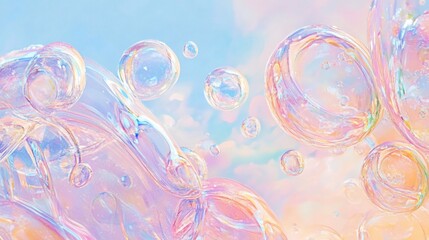 Iridescent bubbles floating, pastel sky background, beauty ad