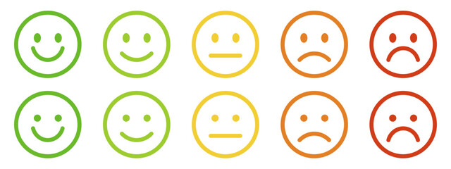 Five colorful emoji faces representing a satisfaction rating scale from happy to sad, used for feedback and surveys.