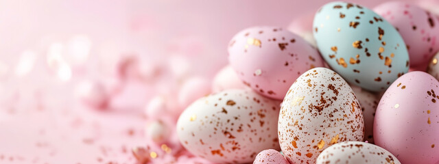 Obraz premium Pile of pastel speckled Easter eggs on pink. Easter holiday. Springtime celebration. Decoration for banner, card, invitation, flyer, poster, advertising. Close-up view with copy space.