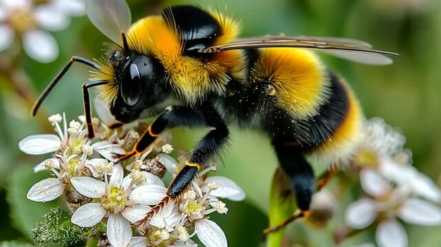 Bumblebee pollinating white flowers, garden background, nature photography
