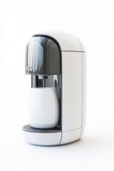 A sleek and modern milk dispenser with a minimalist design pours milk into a stylish white cup, emphasizing innovation and convenience in kitchen appliances