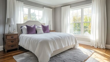 Serene Bedroom With White Bedding And Purple Accents