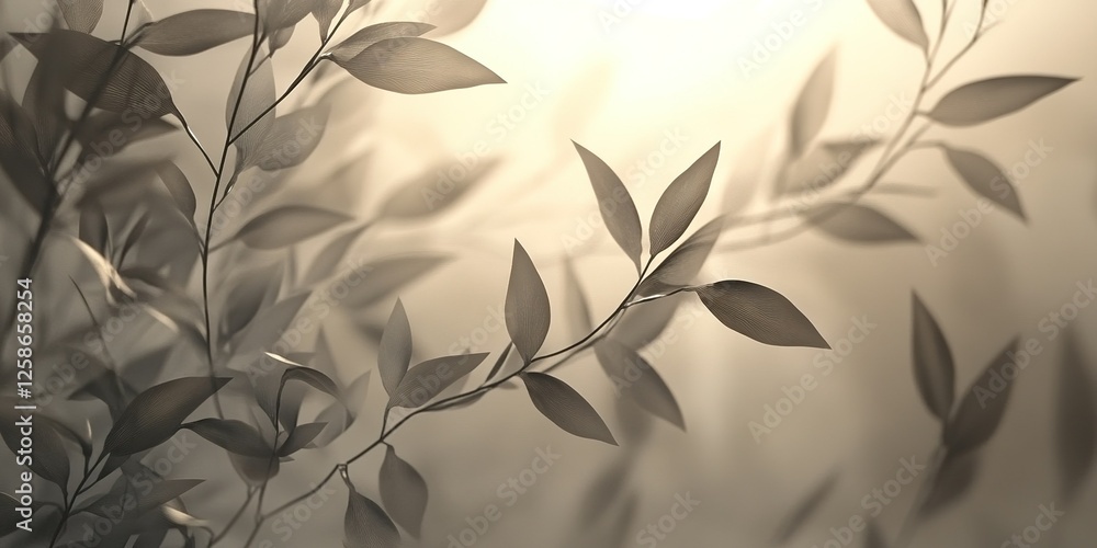Poster delicate leaves create soft silhouettes against a warm, diffused background in a serene setting