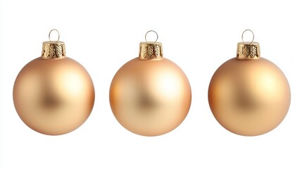 Three gold christmas ornaments on white background