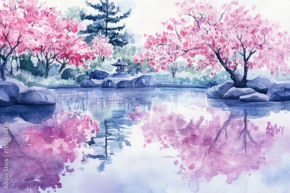 Poster serene cherry blossom reflection over tranquil pond in a peaceful garden setting during springtime. 