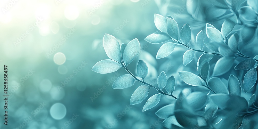 Poster lush green leaves basking in soft sunlight with a calming bokeh background in a serene outdoor setti