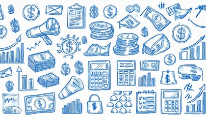 Fototapeta premium Hand drawn business icon set. Finance, money, investment icon sketch doodle blue pen stroke style. Business money, calculator, megaphone element. perfect any project.