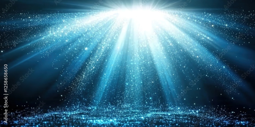 Poster light beams radiate through darkness creating a mystical atmosphere with shimmering particles in the