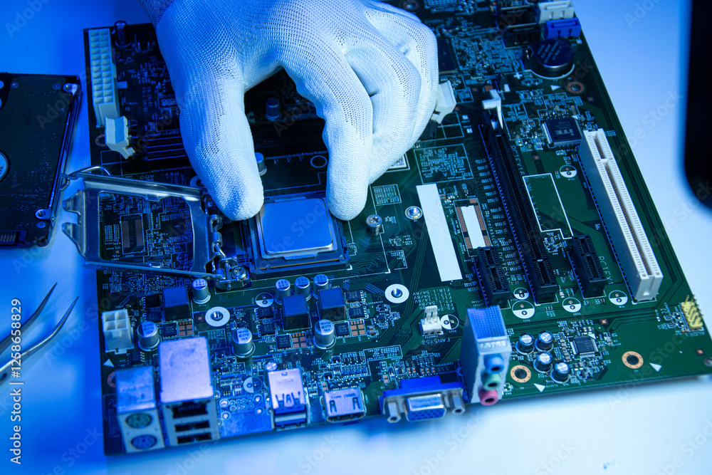 Aufkleber top view of technician installing cpu onto motherboard.