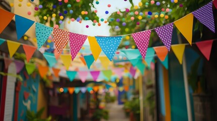 Obraz premium Bright bunting garland with polka dots, checks, and colorful party flags for celebrations.