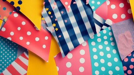 Bright bunting garland with polka dots, checks, and colorful party flags for celebrations.