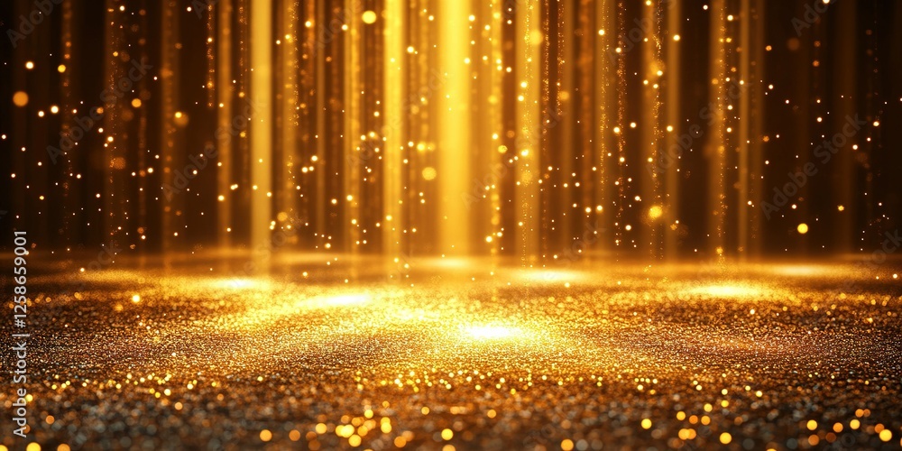 Aufkleber golden light beams illuminate a shimmering surface with sparkling particles in a darkened environmen