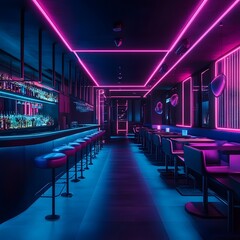Futuristic cyberpunk bar interior with neon lights and a long sleek bar counter for nightlife atmosphere