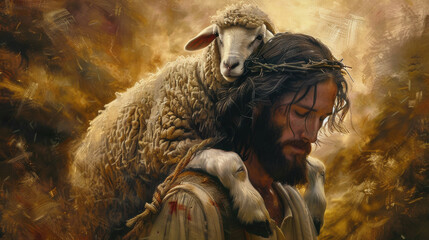 Oil painting of Jesus Christ carrying a lamb on his shoulders with a crown of thorns in warm golden tones  
