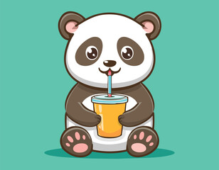 A cute Panda Drink Boba Milk Tea or cartoon of a panda drinking from a yellow cup vector.