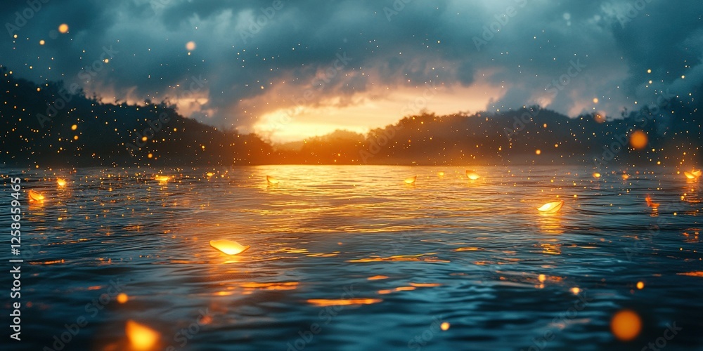 Poster sunset over calm lake with floating lanterns creating a magical evening atmosphere