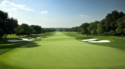 Golf Course Fairway With Trees And Sunny Day