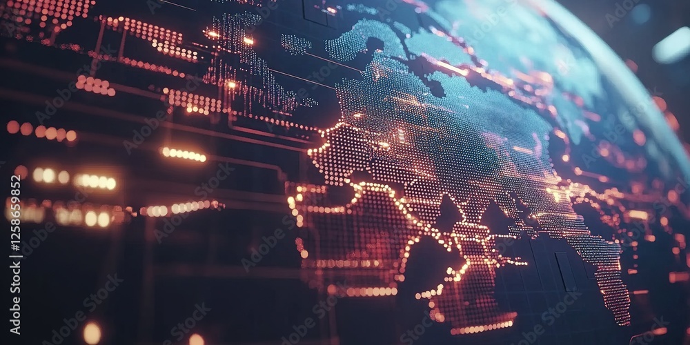 Poster illuminated map of europe showcasing data points and connections in a digital landscape