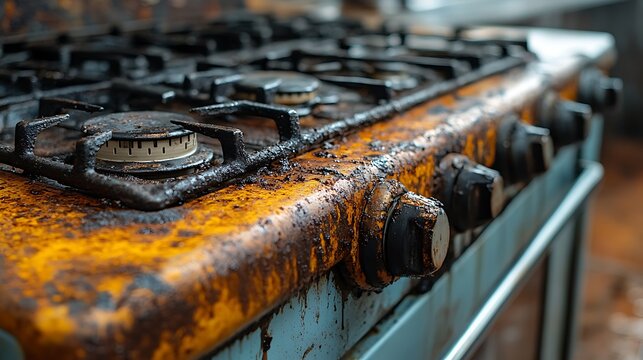 Grease-covered stove knobs in a poorly maintained commercial kitchen