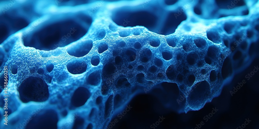Poster close-up view of textured blue material showcasing intricate patterns and forms with hollow structur