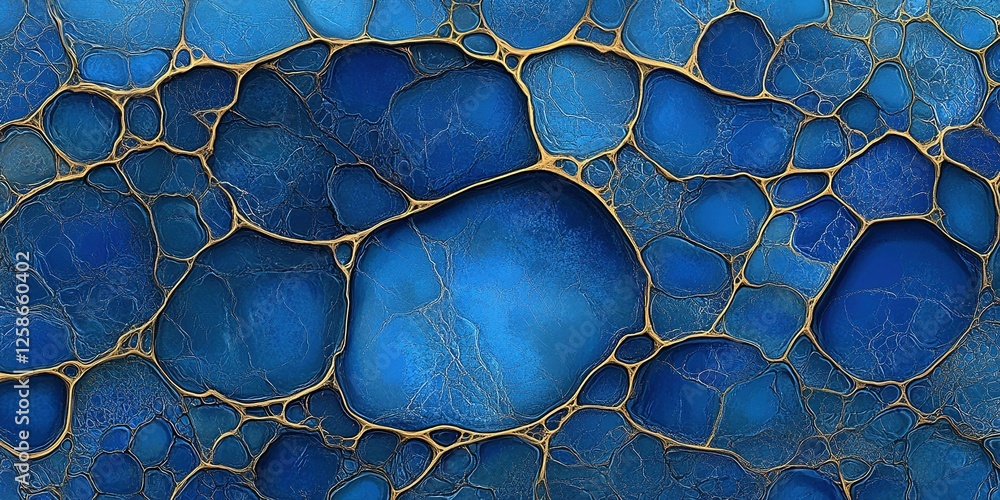 Poster vibrant abstract pattern with blue bubbles and gold outlines on a textured background creates a mesm