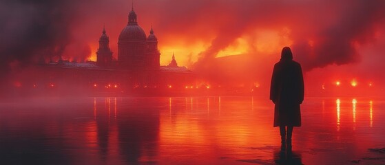 A lone figure stands in front of a fiery cityscape at dusk.