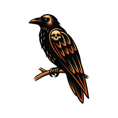Design a crow with intricate skull-like markings on its wings, a gothic aesthetic, detailed feathers, and a dramatic pose.