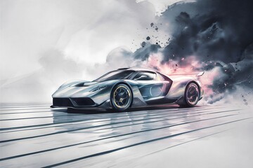 Race car wallpaper. Modern luxury sports car banner, Racing sports car on neon highway. Powerful acceleration of a supercar on a night track with colorful lights and tracks. Blur at high speed. 