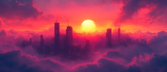 Cityscape Silhouette Emerging from Pink and Orange Clouds at Sunset