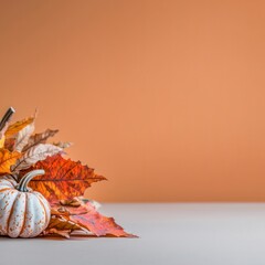 White Pumpkins and Autumn Leaves on Neutral Background