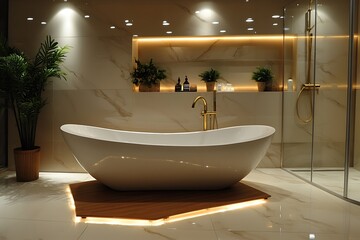 Modern bathroom interior featuring a luxurious freestanding bathtub with elegant gold fixtures