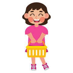 Happy girl holding yellow shopping basket, perfect for retail or shopping concept designs, lifestyle blogs, promotional materials, and social media