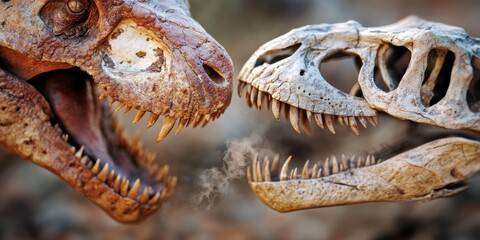 Dinosaur fossil face-off: t. rex and allosaurus skeletons in confrontation. Fossil Fools Day