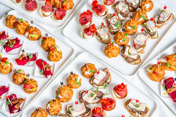 Catering buffet or service with different snacks, appetizers and canapes on a table. Variety of Freshly Prepared Catering Food for an Event.