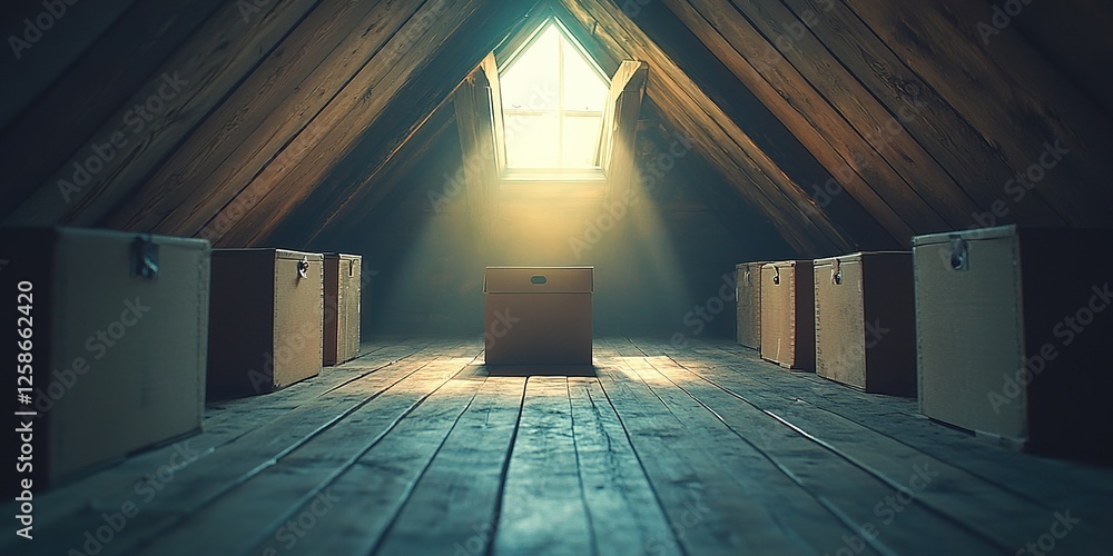 Poster light shines through an attic window illuminating a single box among many on a wooden floor