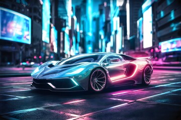 Fototapeta premium Race car wallpaper. Modern luxury sports car banner, Racing sports car on neon highway. Powerful acceleration of a supercar on a night track with colorful lights and tracks. Blur at high speed. 