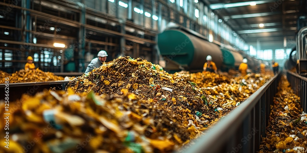 Poster workers sort through piles of recyclable waste in a large processing facility in the afternoon