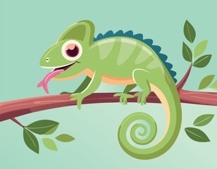 A green chameleon on a branch simple flat design vector.