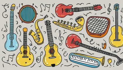 Hand drawn set of different types musical instrument, guitar, saxophone. Doodle sketch style. Isolated perfect any project. for music shop icon, musical instrument store, music course, background