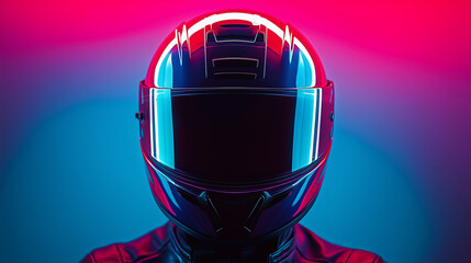 Helmeted racer stands against a vibrant, illuminated background showcasing artistry in motorsport