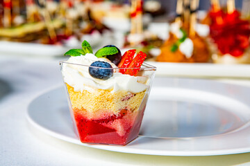 Catering buffet or service with different snacks, appetizers and canapes on a table. Variety of...