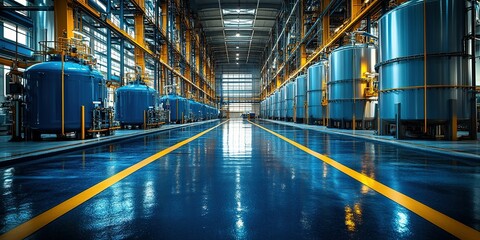Obraz premium Industrial facility with large storage tanks and polished floors in a modern manufacturing plant