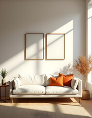 Fototapeta premium A modern living room with two empty painting frames and orange decorations