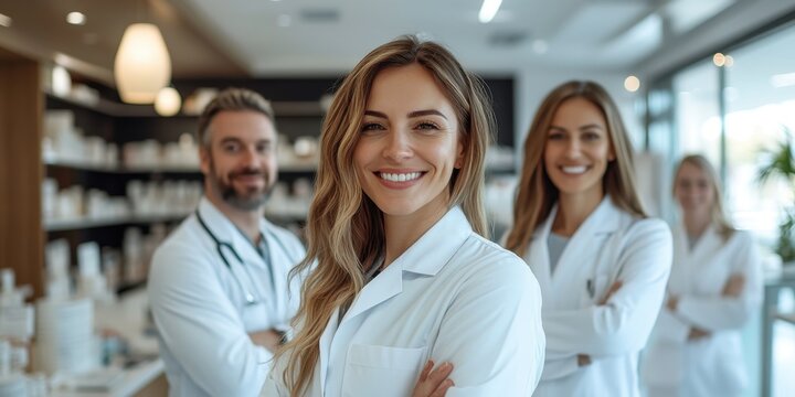 Smiling caucasian female pharmacist and colleagues in pharmacy setting. Pharmacists War on Diabetes Month