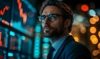 Fototapeta premium Man in suit with eyeglasses looking at digital financial data on screen in bokeh background