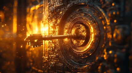 Close-up of a golden key turning inside an elaborately carved vault door discount symbols softly illuminated