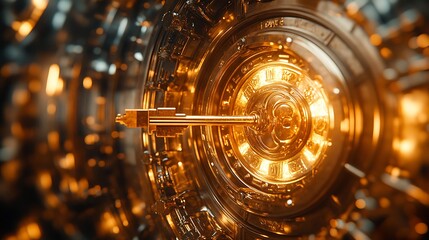 Close-up of a golden key turning inside an elaborately carved vault door discount symbols softly illuminated