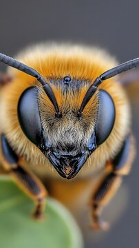 Close-up detail of furry bee face with large eyes and antennae. Bee Active Bee Healthy Bee Happy Week