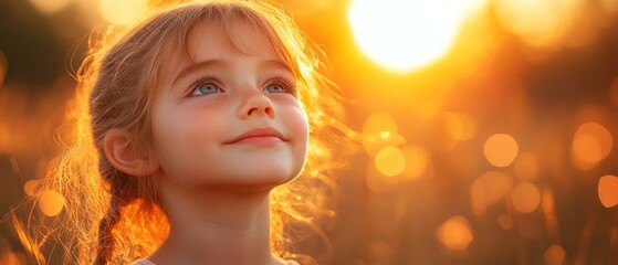 Fototapeta premium Young Girl Gazing Upwards at a Golden Sunset