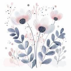 simple illustration pastel pink blue flowers gray leaves minimalist floral design